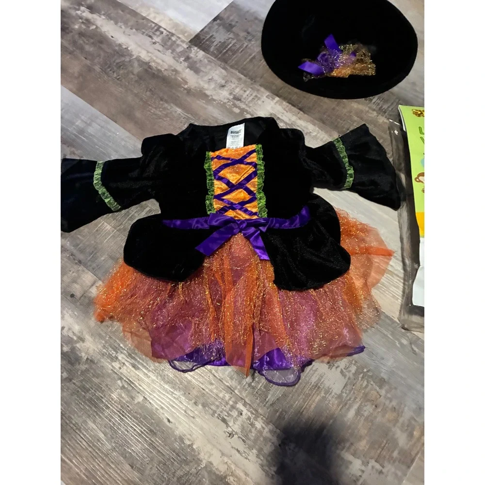 Spirit Halloween Lil Witch Infant Costume Dress and Hat Set Black Orange 12-18M